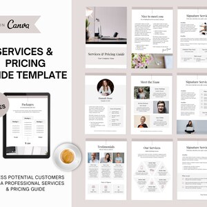 Könnte beinhalten: Eine 26-seitige Vorlage für einen Service- und Preisleitfaden, die in Canva entworfen wurde. Die Vorlage zeichnet sich durch ein modernes, minimalistisches Design mit weißem Hintergrund und grauen Akzenten aus. Die Titelseite enthält den Text "Services & Pricing Guide Template" und "26 Pages". Die Vorlage umfasst Abschnitte für Pakete, Erfahrungsberichte, unsere Dienstleistungen, das Team und Signature Services.