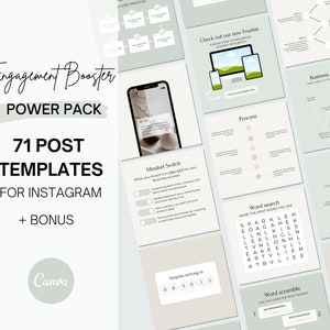 Könnte beinhalten: Eine Collage aus 12 Instagram-Post-Vorlagen zur Steigerung des Engagements. Die Vorlagen zeigen eine Vielzahl von Designs, darunter eine Uhr, eine Mind Map, ein Wortsuchspiel und ein Wortsalat. Der Text "Engagement Booster Power Pack 71 Post Templates for Instagram + Bonus Canva" ist oben links zu sehen.