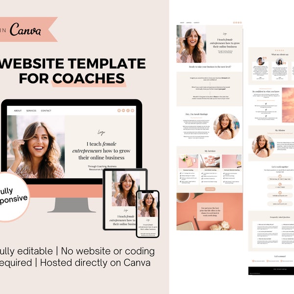 Formateur de modèles de site Web | Modèle de site Web Canva pour les entreprises de coaching | Site Web de coach de vie, coach d'affaires | page de destination | Toile d'une page