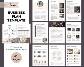 Business Plan Template Canva, Printable Business Plan Template for Small Business Owners, Coaches, Online Business, Shop, 63 Editable Pages