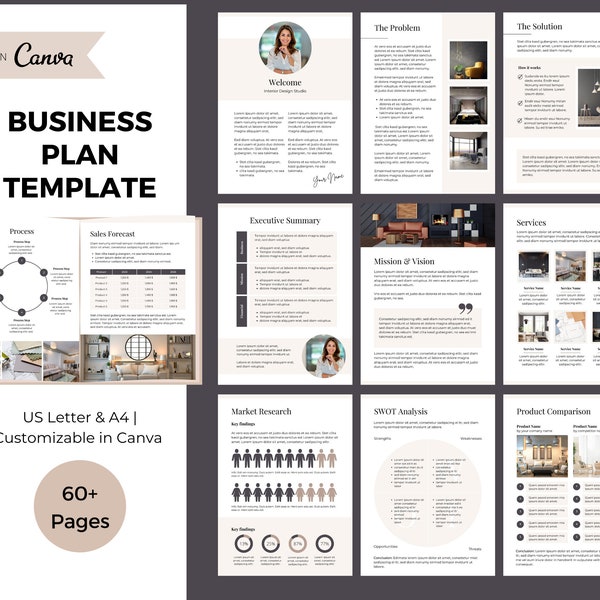 Business Plan Template Canva, Printable Business Plan Template for Small Business Owners, Coaches, Online Business, Shop, 63 Editable Pages