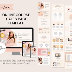 Könnte beinhalten: Eine rosa und weiße Vorlage für eine Online-Kurs-Verkaufsseite mit dem Text "The wonderful Social Media Marketing Course" auf einem Laptop-Bildschirm. Die Vorlage ist vollständig editierbar und kann direkt auf Canva gehostet werden.