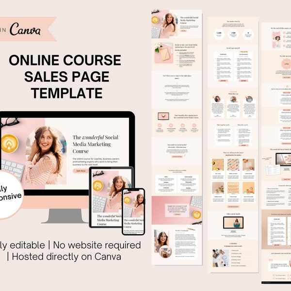 Sales Page Template Canva | Online Course Launch Template | Sales Funnel Canva | Website Landing Page Template for Canva | Course Creator