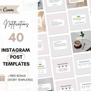 Könnte beinhalten: Eine Collage aus 40 Instagram-Post-Vorlagen mit hellgrauem Hintergrund. Die Vorlagen zeigen verschiedene Designs und Texte, darunter Benachrichtigungen, wichtige Erinnerungen, Online-Kursstarts und Coaching-Anrufe. Der Text "Notifications" steht in großer, fetter Schrift oben in der Collage. Der Text "40 Instagram Post Templates" steht in kleinerer, fetter Schrift unter dem Text "Notifications". Der Text "+ FREE BONUS (STORY TEMPLATES)" steht in kleinerer Schrift unter dem Text "40 Instagram Post Templates".