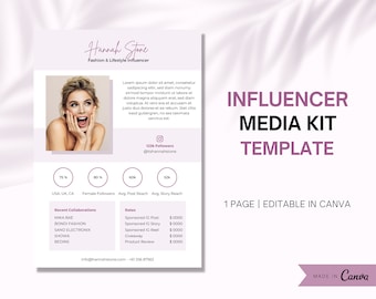 1 Page Influencer Media Kit Template | Instagram Media Kit | Tiktok Media Kit Template | Customizable Canva Media Kit Template, Influencer