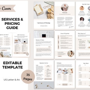 Könnte beinhalten: Eine beige und weiße Vorlage für einen Service- und Preisführer mit dem Text "Services & Pricing Guide" in schwarzer Schrift. Die Vorlage enthält Abschnitte für "Sind wir das Richtige füreinander?", "Zusätzliche Leistungen", "Mission & Vision", "Willkommen", "Treffen Sie das Team", "Fachgebiete", "Warum uns wählen?", "Signature Service", "Pakete" und "Preisliste". Die Vorlage ist editierbar und in den Formaten US Letter und A4 verfügbar. Die Vorlage umfasst 35 Seiten.