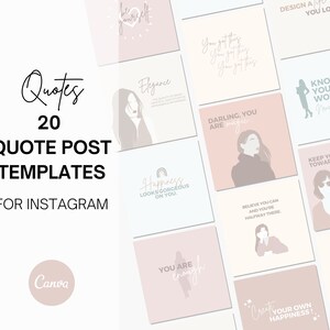 Könnte beinhalten: Eine Sammlung von 20 Zitat-Post-Vorlagen für Instagram. Die Vorlagen zeigen inspirierende Zitate und minimalistische Illustrationen in sanften Pastellfarben. Der Text "Quotes 20 Quote Post Templates For Instagram" ist zu sehen.