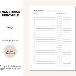 Task Triage Printable, Brain Dump, Task List, Task Tracker, PDF in A5, A4, US Letter, Minimalist Task Triage, To Do List Business, Download