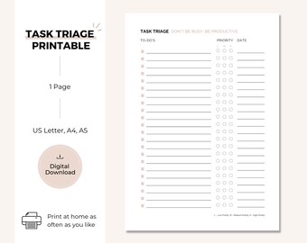 Task Triage Printable, Brain Dump, Task List, Task Tracker, PDF in A5, A4, US Letter, Minimalist Task Triage, To Do List Business, Download