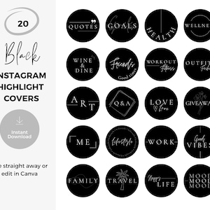 Black Instagram Highlight Covers | Black & White Instagram Highlights | Aesthetic Instragram Highlights | Use directly or edit in Canva