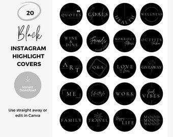 Black Instagram Highlight Covers | Black & White Instagram Highlights | Aesthetic Instragram Highlights | Use directly or edit in Canva