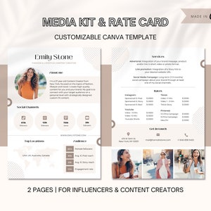 Könnte beinhalten: Eine beige und braune Media Kit- und Preisliste-Vorlage für Mode- und Lifestyle-Content-Ersteller. Die Vorlage enthält ein Foto einer Frau, Social-Media-Symbole und eine Liste von Dienstleistungen und Preisen. Der Text "Emily Stone" befindet sich oben auf der Seite, und der Text "2 SEITEN | FÜR INFLUENCER UND CONTENT-CREATOR" befindet sich unten auf der Seite.
