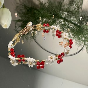 Customizable handmade danity Cherry flower seed bead bracelet summer accessory, party favor, gold accents, casual wear