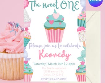 The sweet ONE- first birthday party invitation - digital download- colorful birthday- sweets, candy, ice cream party invitation
