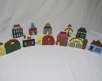 Miniature houses and buildings, folk art, hand painted, shelf decor.  FREE SHIPPING