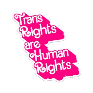 May include: A bright pink sticker with the words "Trans Rights are Human Rights" in white, stylized text. The sticker has a unique shape, with a white border, and is set against a white background.