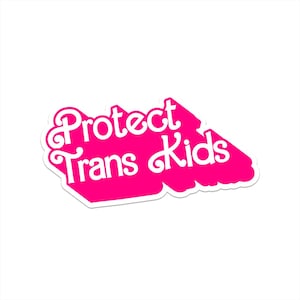 May include: Pink sticker with white text that reads "Protect Trans Kids".