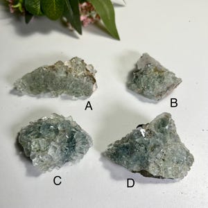 May include: Four raw fluorite mineral specimens, labeled A, B, C, and D. The fluorite crystals are various shades of green and blue-green, with a rough, natural texture. The specimens are displayed on a white surface.