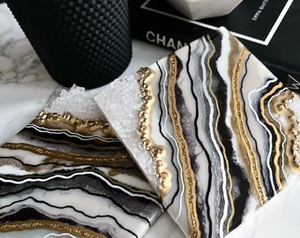 Resin Geode Art, Coaster Art, Luxury Coasters, Black and Grey, White and Gold Geode, 3D Geode Coasters, Crystal Geode Art, Geode Coaster