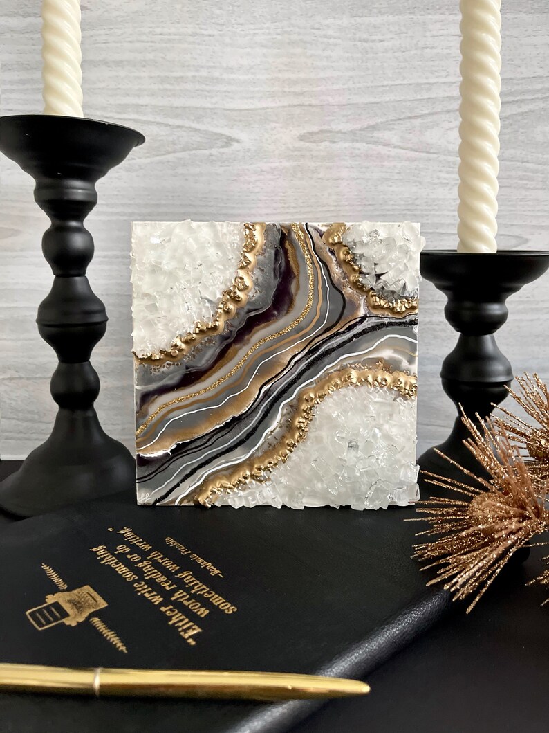 Resin Geode Art Black and Grey Gold Geode Wall Art 3D Geode Etsy