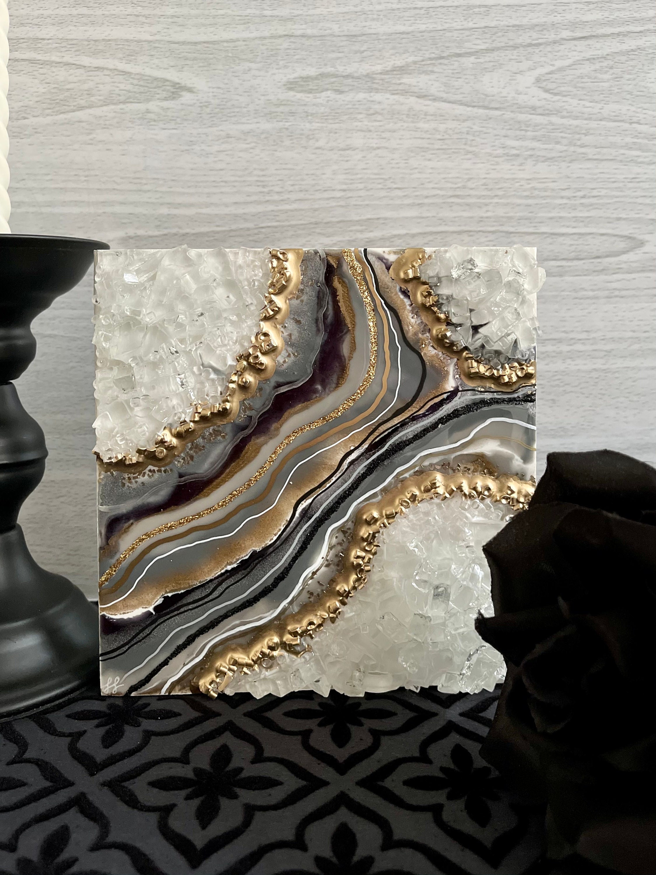 Resin Geode Art Black and Grey Gold Geode Wall Art 3D Geode Etsy