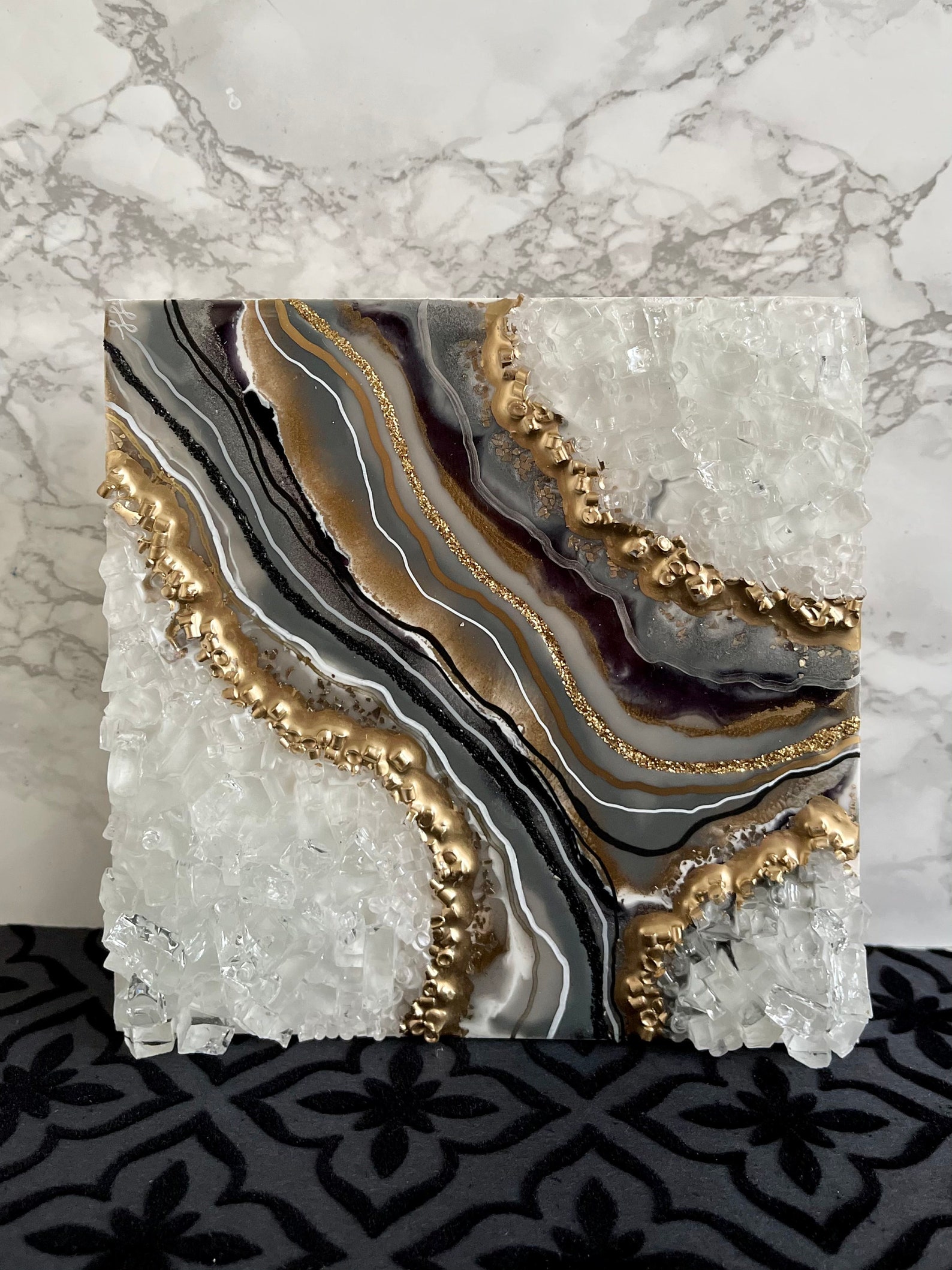 Resin Geode Art Black and Grey Gold Geode Wall Art 3D Geode Etsy