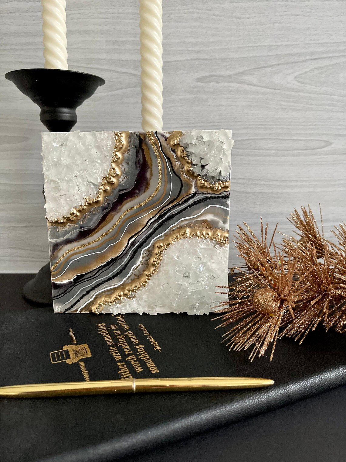 Resin Geode Art Black and Grey Gold Geode Wall Art 3D Geode Etsy