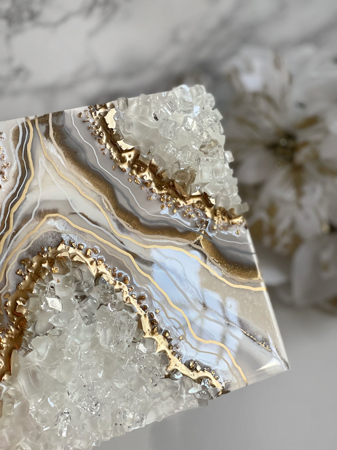 Resin Geode Art White and Gold Geode Wall Art 3D Geode Etsy
