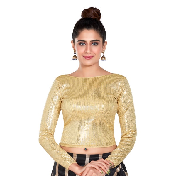 Sequin Tops for Women - Sequin Designer Saree Blouse for Women Readymade - Stretchable Saree Blouse - Gold Party Top - Sequence Top