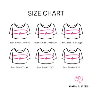 May include: Size chart for clothing with bust measurements in inches. The chart shows six different sizes: Small (34 inches), Medium (36 inches), Large (38 inches), XL (40 inches), XXL (42 inches), and 3XL (44 inches).