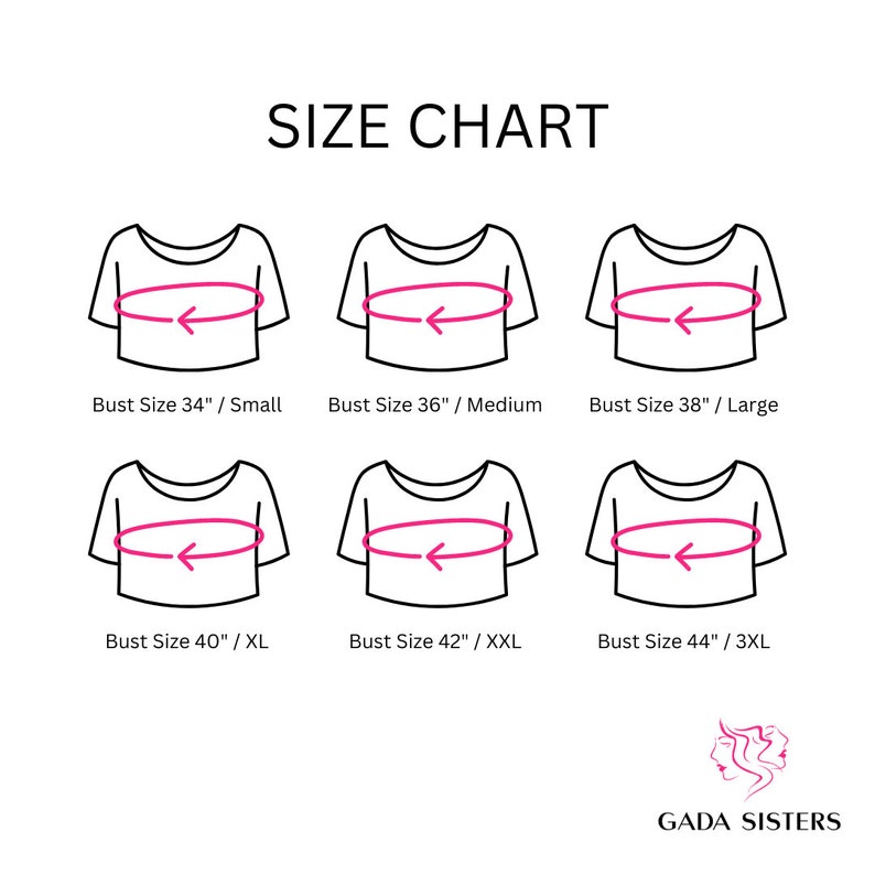 May include: Size chart for clothing with bust measurements in inches. The chart shows six different sizes: Small (34 inches), Medium (36 inches), Large (38 inches), XL (40 inches), XXL (42 inches), and 3XL (44 inches).