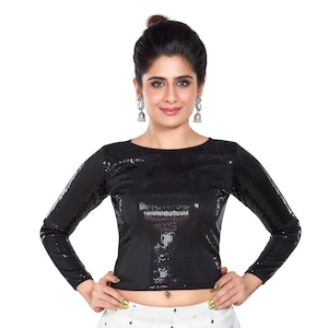 Sequin Tops for Women - Sequin Designer Saree Blouse for Women Readymade - Stretchable Saree Blouse - Black Party Top - Sequence Top