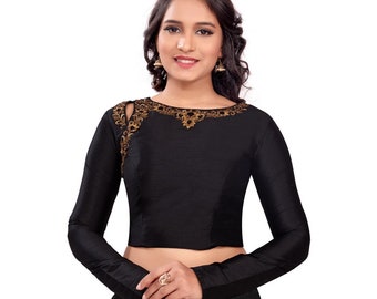 Black Saree Blouse Readymade Saree Blouse, Long Sleeve Saree Blouse Black, Full Sleeve Sari Blouse for Women Indian, Art Silk Handmade Choli