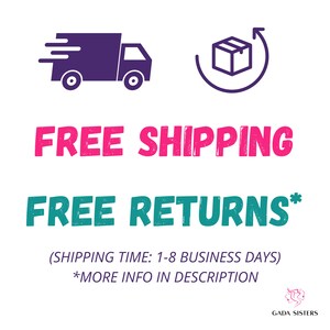 May include: Purple truck with a white background and a purple box with an arrow circling it. The text "FREE SHIPPING" is in pink and the text "FREE RETURNS*" is in teal. The text "(SHIPPING TIME: 1-8 BUSINESS DAYS)" is in black and the text "*MORE INFO IN DESCRIPTION" is in black. The text "GADA SISTERS" is in black.