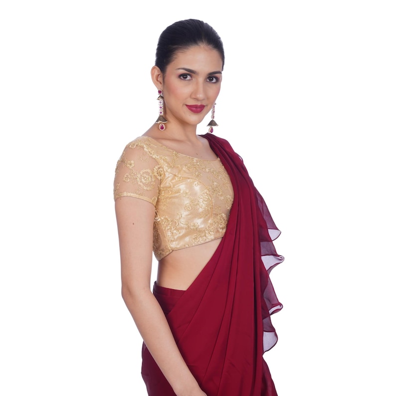Gold Saree Blouse Readymade USA, Gold Sari Blouse, Handmade Silk Gold Indian Dupion Silk Short Sleeves Readymade Saree Blouse, Gold Choli image 6