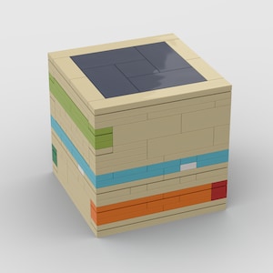 Op de afbeelding: Een beige kubus met een donkergrijze bovenkant, een groene en lichtgroene laag, een blauwe en witte laag en een oranje en rode laag.
