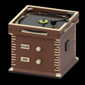 May include: A brown and tan brick-built model of a vintage record player. The model features a black turntable, a tone arm, and control labels that read "VOLUME" and "RPM". The model is a detailed replica of a classic record player.