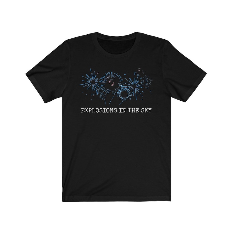 May include: Black t-shirt with a graphic of blue fireworks and the text "EXPLOSIONS IN THE SKY".
