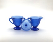 Hazel Atlas Royal Lace Pattern, Cobalt or Ritz Blue Cream and Sugar 3 Piece Set, Collectible Depression Glass