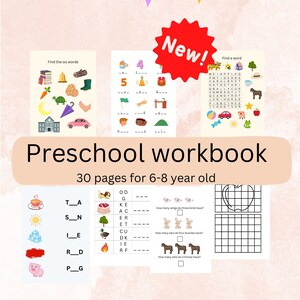 Hojas de trabajo de 30 páginas para niños de 6 a 8 años, descarga instantánea. Paquete de aprendizaje de 3 y 4 letras, palabras, números, colores, faltantes, lectura y escritura.