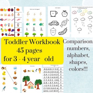Hojas de trabajo de 45 páginas para niños de 3 a 4 años. Descarga instantánea para colorear, formas, letras y números. Aprendizaje preescolar.