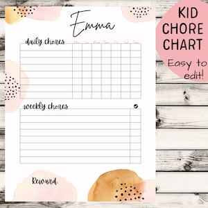 Printable chore chart, chore chart for kids, editable chore chart, responsibility chart, editable pdf, instant download