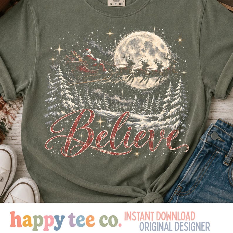 Halftone Believe Christmas PNG, Santa Sleigh PNG, Vintage Christmas ...