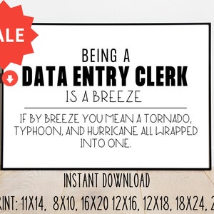 May include: Black framed print with the text "BEING A DATA ENTRY CLERK IS A BREEZE" and the humorous phrase "IF BY BREEZE YOU MEAN A TORNADO, TYPHOON, AND HURRICANE ALL WRAPPED INTO ONE." Includes a red "SALE" tag.