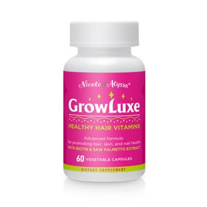 May include: A pink bottle of Grow Luxe Healthy Hair Vitamins with a white label. The bottle contains 60 vegetable capsules and is a dietary supplement.