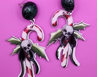 Skull Candy Cane Earrings with Green Resin Glitter Tops