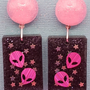 Rectangle Resin Earrings with Pink Aliens and Glow in the Dark Stars
