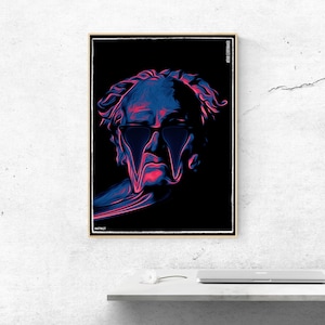 Könnte beinhalten: Ein digitaler Kunstdruck einer Büste mit Sonnenbrille, gerendert in einem blauen und pinken Farbschema vor einem schwarzen Hintergrund. Der Text "remarkable" ist in Weiß am unteren Rand des Drucks gedruckt.