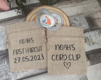Baby cord clip keepsake, baby first hair cut keepsake, baby gift, newborn gift, new parents gift, baby keepsake, burlap bag keepsakes.