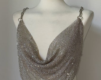 Luna Crystal Gold Top | Metal Mesh Chainmail Party Going Out Y2K Sequins Rhinestone Diamond New Year Festival Holiday Gift Idea Rave Wear